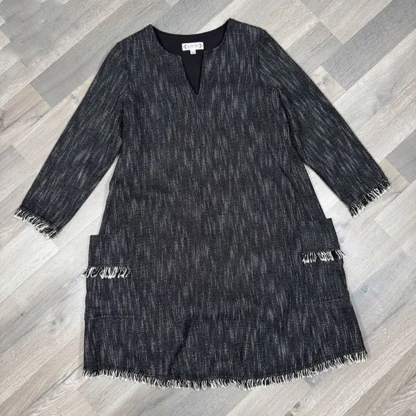 Nanette Lepore Tweed Fringe Hem Pocket Shift Dress Black‎ 6 Boho Lagenlook - Image 15