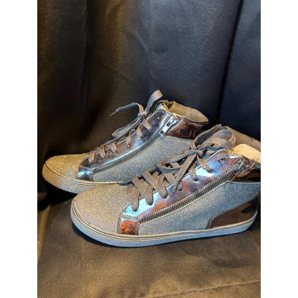 Silver Glitter High Top Sneakers Metallic Patent Trim Double Zip Fashion Shoes‎ - Image 5
