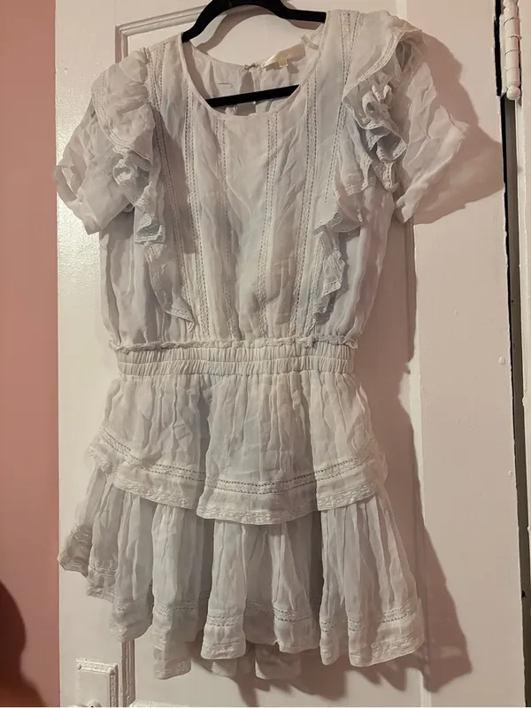 LoveShackFancy Natasha Tie Dye Baby Blue Viscose Ruffle Mini Dress - Image 4