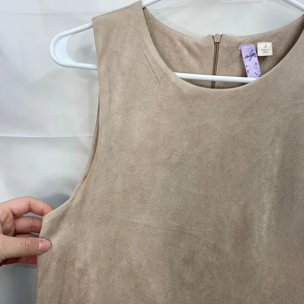Alya Anthropologie women's tan faux suede cutout floral sleeveless stretch dress - Image 2