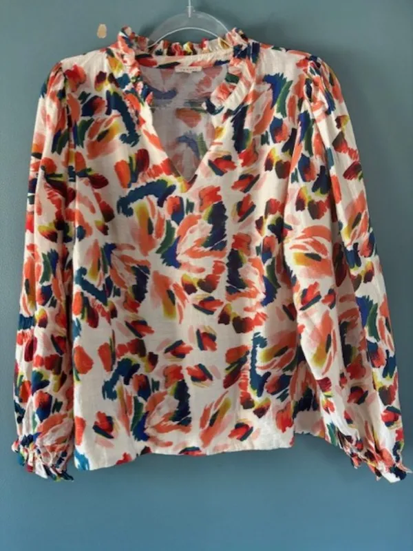 Jodifl Womens Long Sleeve Floral Ruffle V Neck Blouse M Boho Bright Statement - Image 2