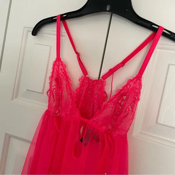 Victoria’s Secret Neon Pink Sheer Lace Babydoll Slip Sz Medium Intimates - Image 6