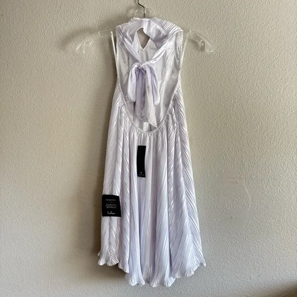 NEW Lulus Pretty Aura White Satin Plisse Mock Neck Mini Swing Summer Dress Sz XS - Image 13