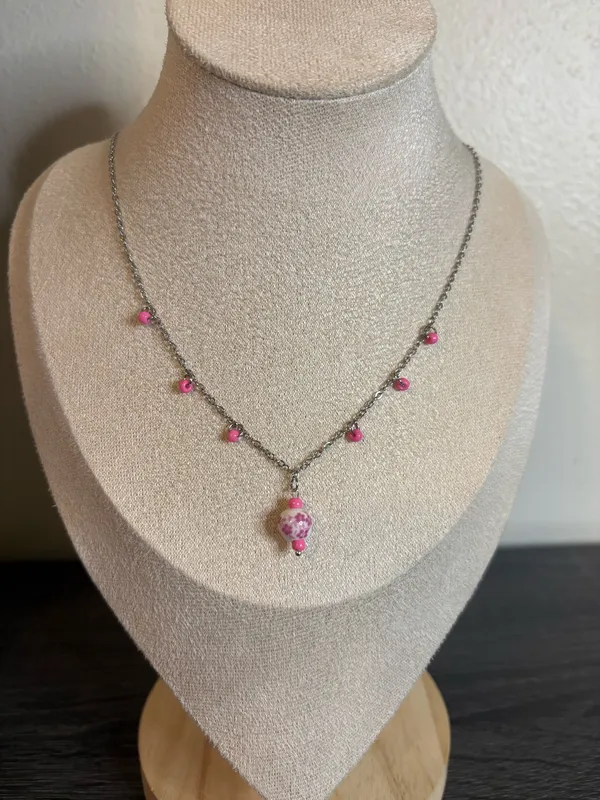 Handmade Pink Floral Porcelain Charm Necklace | Waterproof & Tarnish Resistant - Image 2