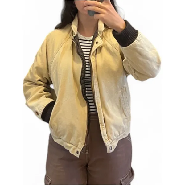 Obey Cream Canvas Bomber Jacket Corduroy Collar Brown Lining Short Women’s Sz M - Image 2