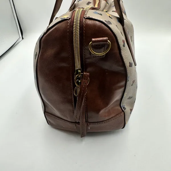 Fossil Rachel Satchel Bag Taupe Heart Print Pebbled Leather Brown Trim Handbag - Image 6