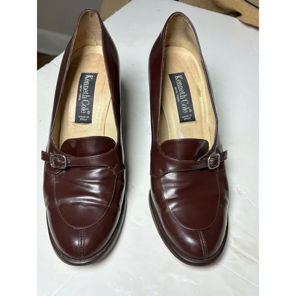 Vintage Kenneth Cole Spain Brown Leather Block Heel Loafers Buckle Strap 9 - Image 11