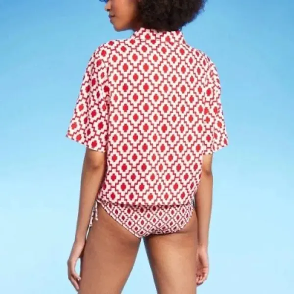 Shade & Shore™ Cropped Button-Up Short Sleeve Cover Up Top - Size XL - Red - NWT - Image 2
