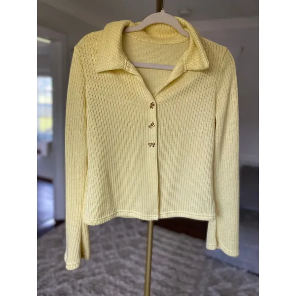 Shein Knit Cardigan Pale Butter Yellow Bow Button Top Coquette Light Academia XL - Image 2