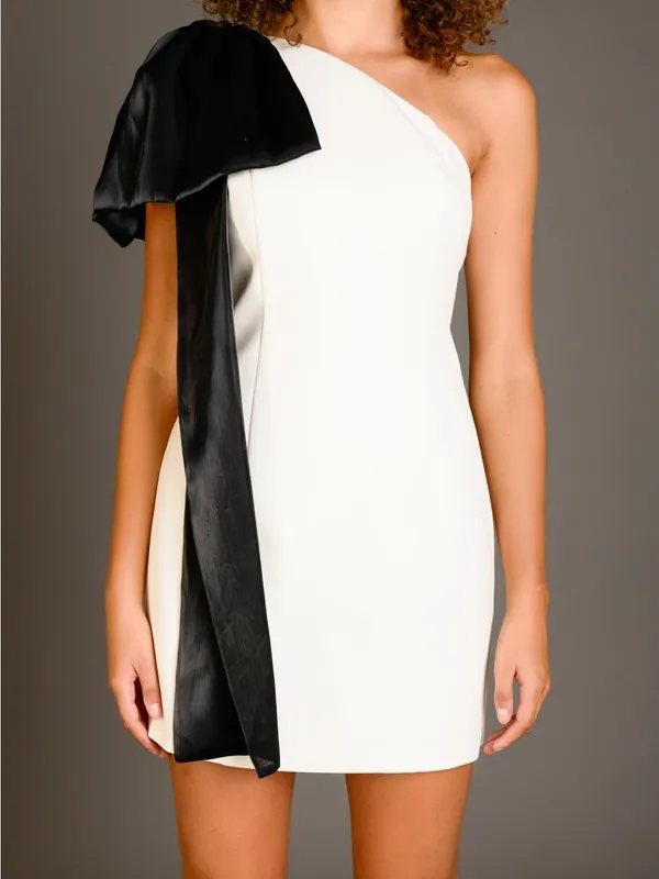 NWT Endless Rose One Shoulder Bow Tie Mini Dress Black/White M - Image 3