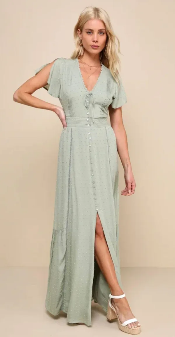 Lulus Completely In Love Sage Green Swiss Dot Button-Front Maxi Dress - Image 2