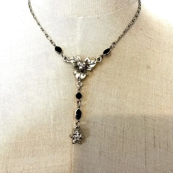 silver tone and black floral rhinestone pendant necklace - Image 10