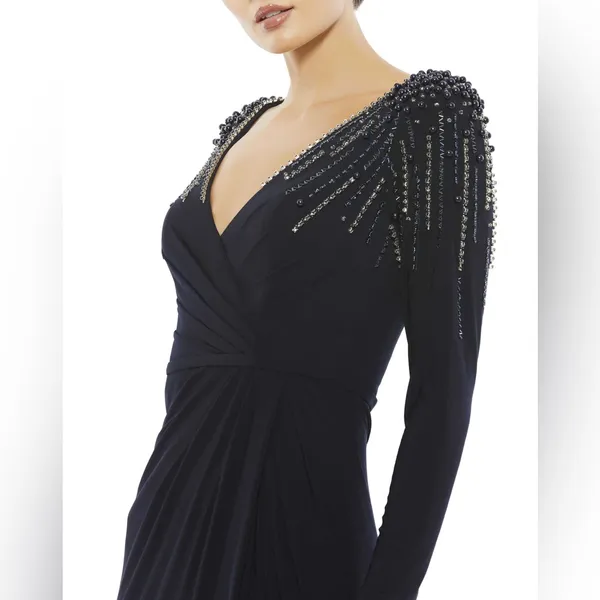 Leena Mac Duggal Long Sleeve Jersey Wrap Gown‎ Dress Embellished V Neck Midnight - Image 2