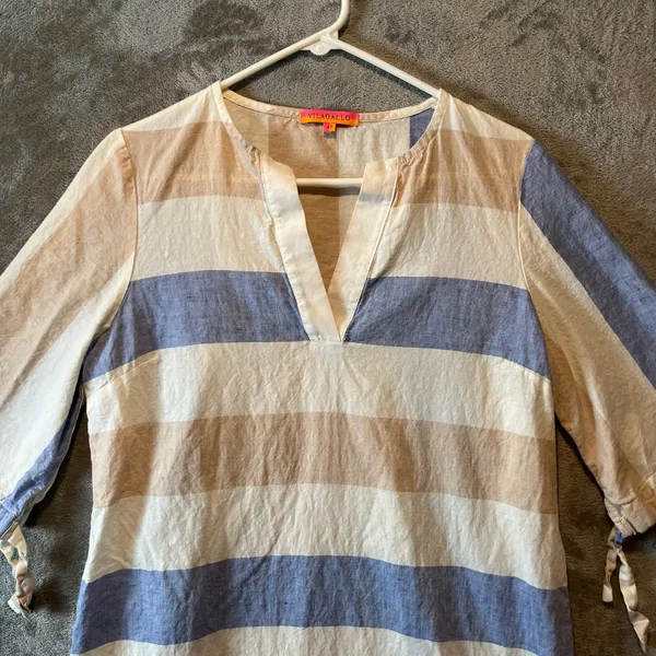 Vilagallo‎ Women’s Cotton Linen Blend Dress Size 42 (Medium) Blue Tan White - Image 2
