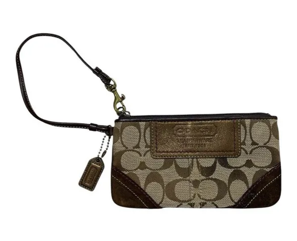 Tan Brown Coach Signature Wristlet Mini-Bag Pochette Purse Wallet - Image 2