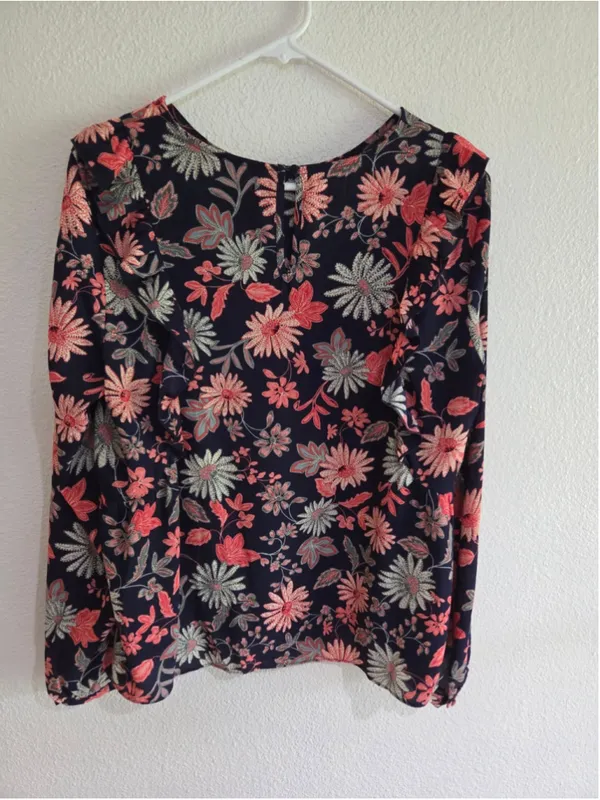 Nanette Lepore Women’s Large Floral Long Sleeve Blouse Navy Coral Rose Green - Image 2