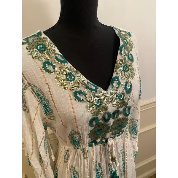 Anthropologie Me 2 Magic Boho Tassel Green White Sequin Dress Flutter Sleeve - Image 2