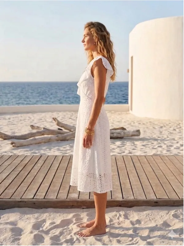 SHEIN White Eyelet Lace Ruffle Wrap Mini Dress Size M Minimalist Coastal Resort - Image 2