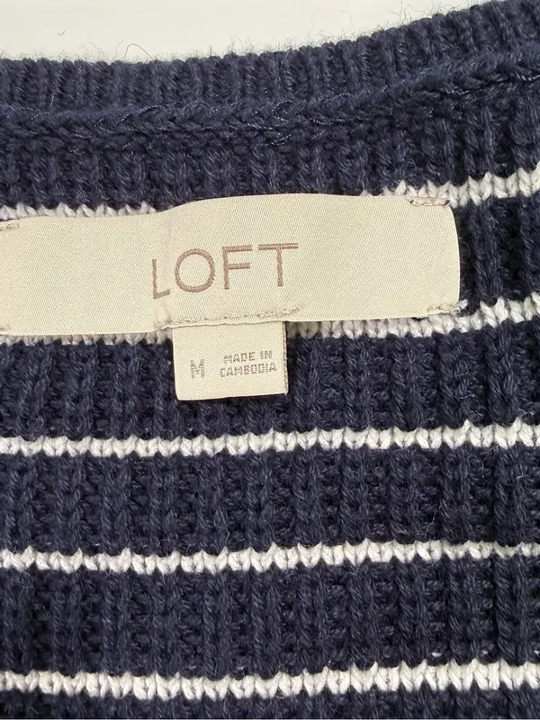 LOFT 100% Cotton Navy and White Striped V-Neck Pullover - Image 5