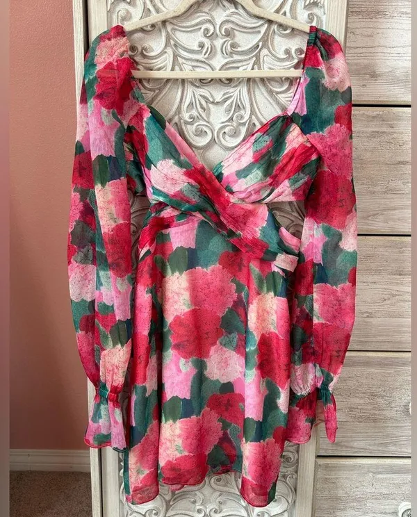 Louna multicolor floral, long puff sleeve, cutout waist mini dress romantic med. - Image 8