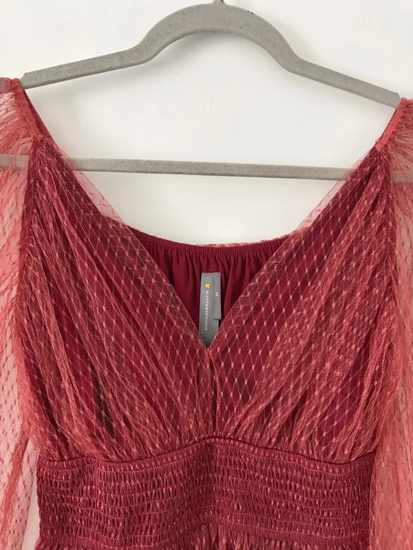 Anthropologie Tulle V Neck Blouse Bordeaux Red Sheer Smocked Peplum Top XS - Image 5