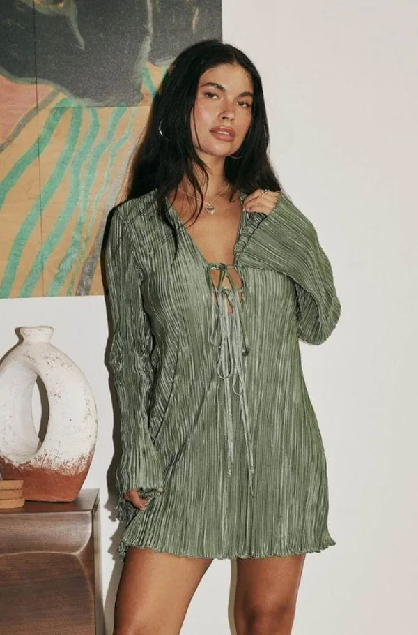 Princess Polly Malop long sleeve mini dress sage - Image 2