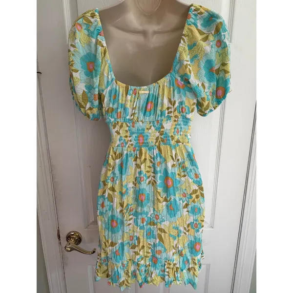 Billabong Floral Smocked Mini Dress Blue Yellow Crinkle Puff Sleeve XS - Image 2