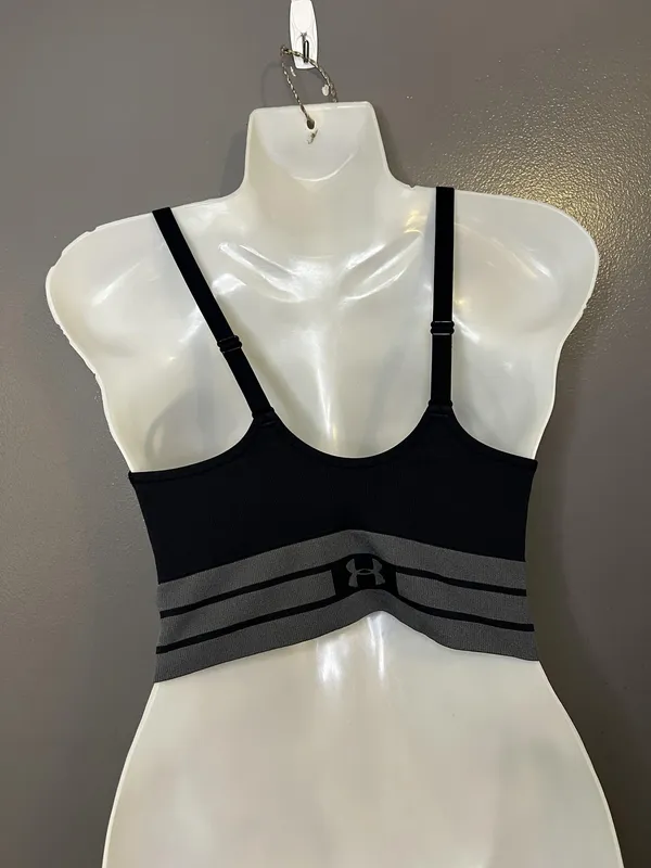 Under Armour Sports Bra Womens Large Black Longline Adjustable Padded Stretch - Image 4