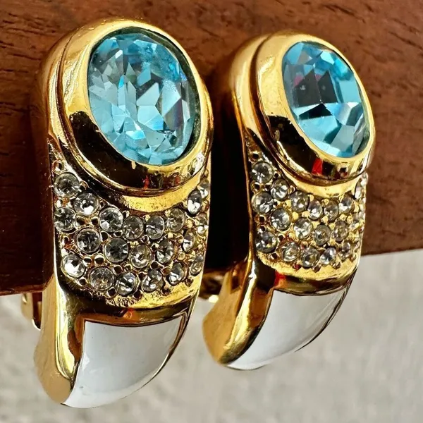Vintage Christian Dior Blue Glass & White Enamel Clip-On Earrings - Image 2