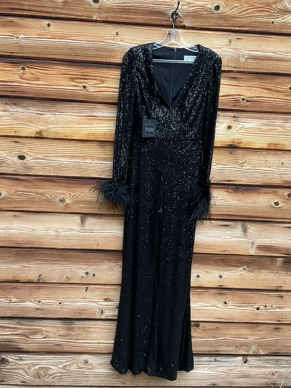Mac Duggal Black XS Sequin Feather Trim Flare Leg V Neck Pants Jumpsuit - Image 4