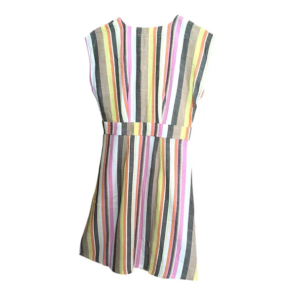 LOFT Multicolor Vertical Striped Button Front V-Neck Summer Dress 4 Petite - Image 3