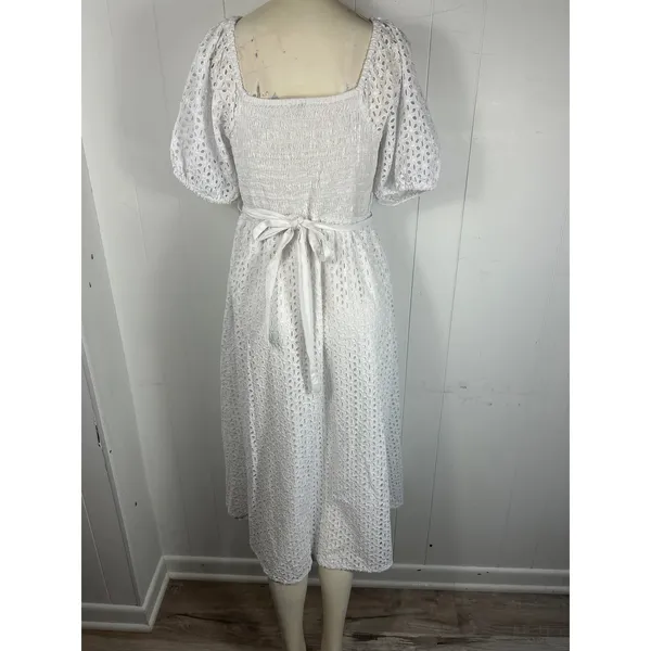 Kensie White Eyelet Midi Dress Smocked Feminine Romantic Puffy Sleeve Size 14 - Image 3