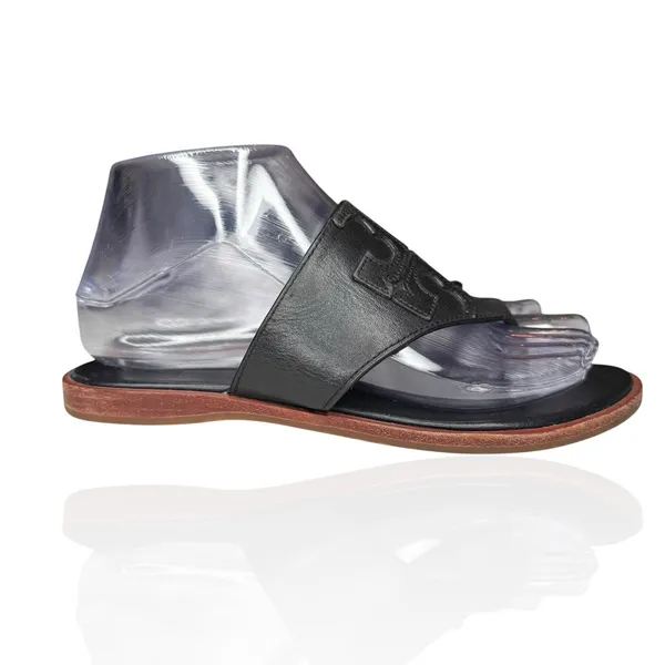 Tory Burch Jamie Size 6.5 Full Logo Thong Sandals‎ Black Leather S/N 48275 - Image 4