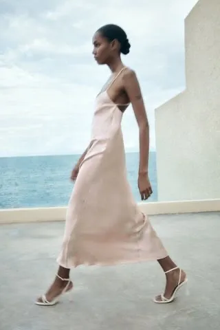 Zara maxi midi dress wedding dusty rose satin effect slip party evening - Image 4