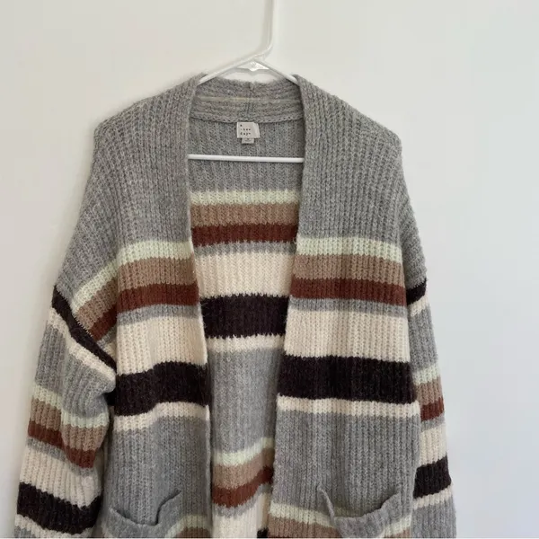 A NEW DAY Striped Open Front Cardigan Gray Cream Tan Brown Long Heavy Sweater M - Image 3