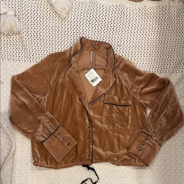 NEW Womens Free People Tan Corduroy Teddy Jacket L - Image 2