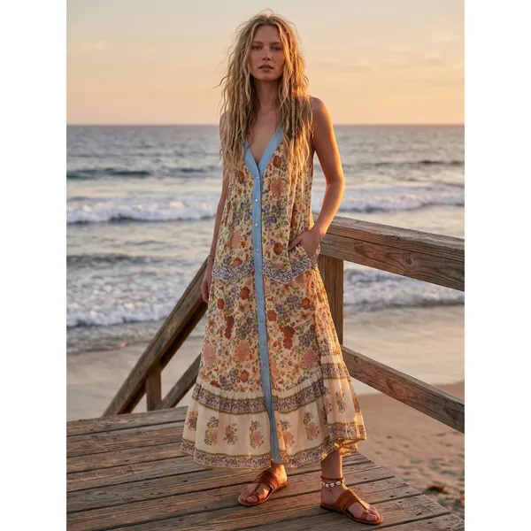 Free People Retro 70s Bohemian Block Print Snap Front Kelso Maxi Dress Large - Image 2