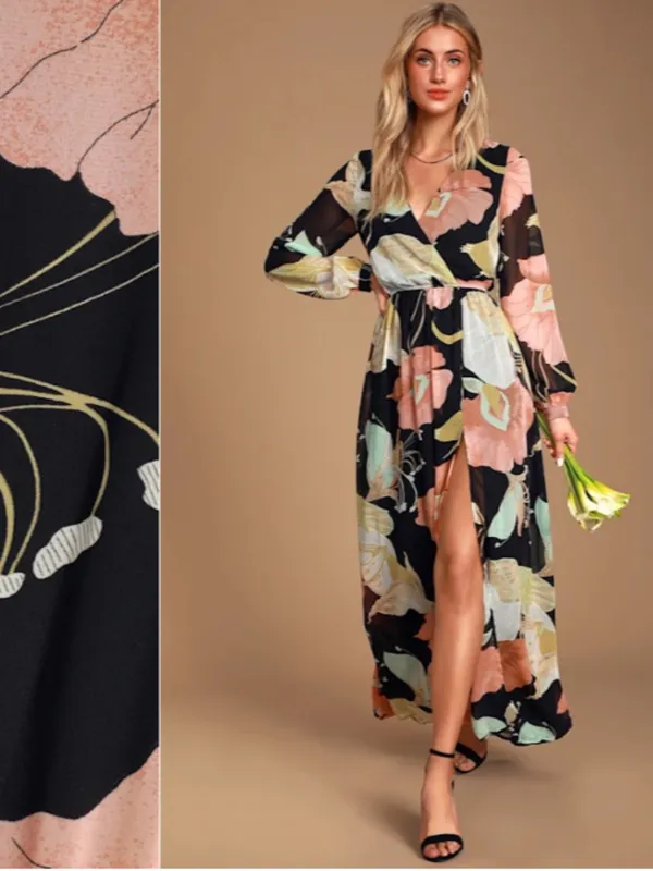 LULU's Floral Sexy Romantic Flowy Floral Wedding Formal Event Satin Maxi Dress - Image 3