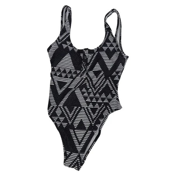 Aerie‎ One Piece Swimsuit S Black White Geometric Tribal Henley High Cut Cheeky - Image 3