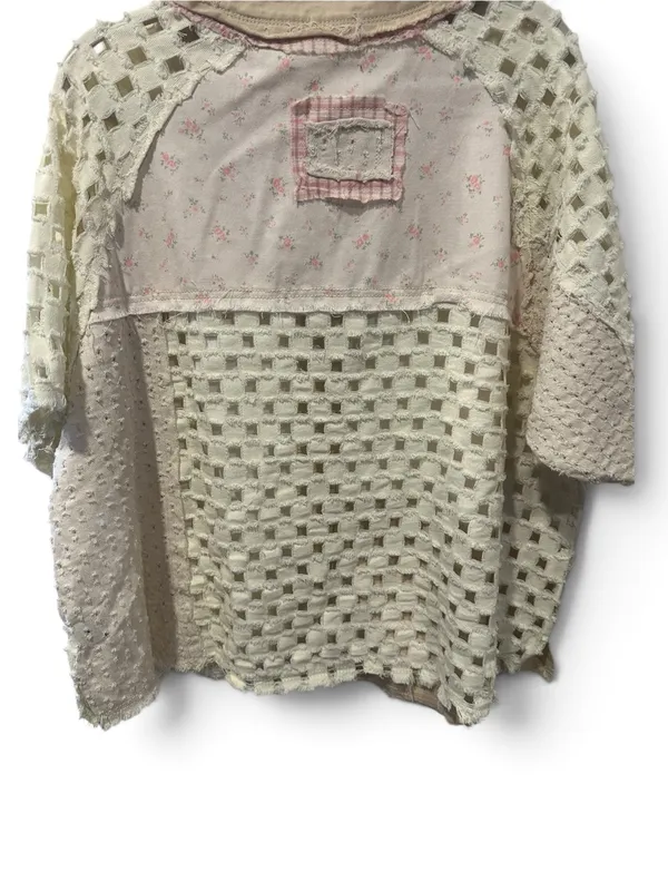 M POL Patchwork Cream and Beige Crochet Sleeve Cardigan - Image 6