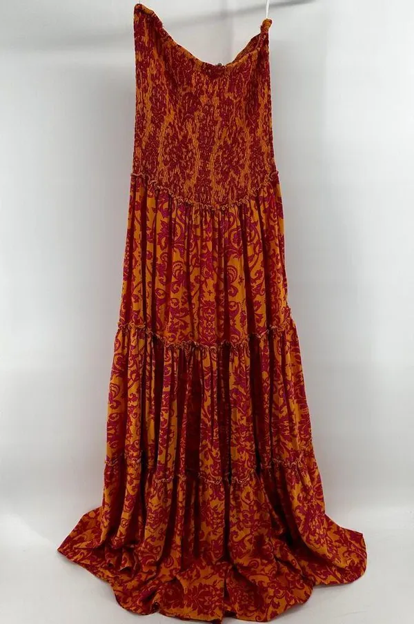 Abel The Label Bondi Dress Maxi Strapless Smocked Tiered Orange Pink M - Image 6