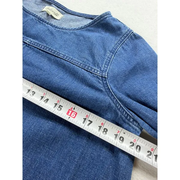 Madewell Denim Shift Dress Medium Wash Frayed Hem Long Sleeve Blue G7926 - Image 7
