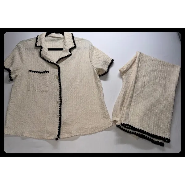 Unbranded Pajama Set Medium Cream‎ Black Trim Seersucker Loungewear - Image 2