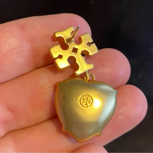 Tory Burch Kira Crystal faceted heart drops hanging from TB logo studs - Image 8