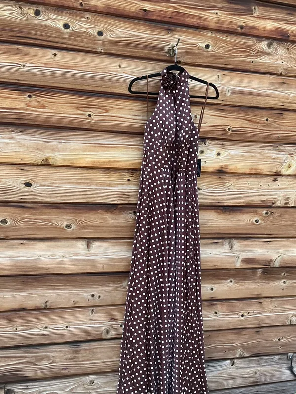 IEENA FOR MAC DUGGAL Size 10 Brown Polka Dot A-Line Halter Gown Rosette FLAWS - Image 6