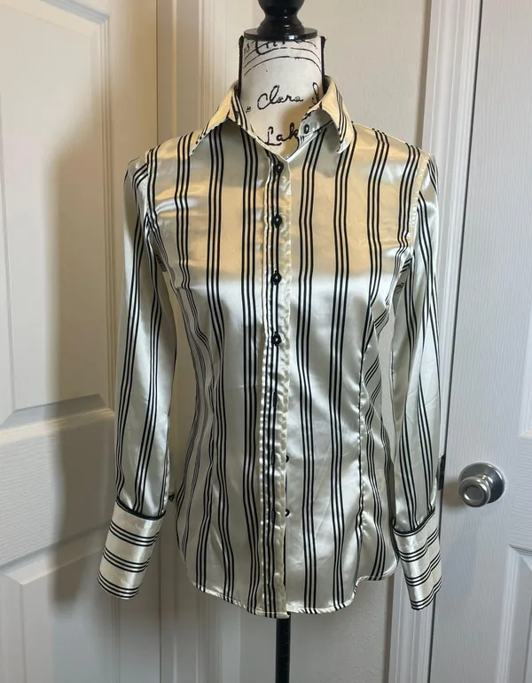 ZARA Satin Office Blouse STRECH Size Small Cream Black Lines Preppy Chic - Image 2