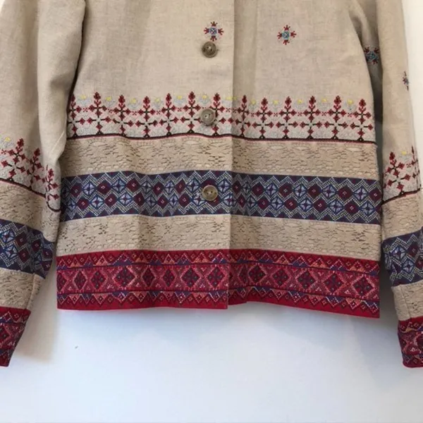 COLDWATER CREEK Beige Tan Red Blue Cross Stitch Linen Etc Shacket Jacket Medium - Image 5