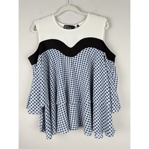 P. Luca Milano Women's Off The Shoulder Gingham Tiered‎ Ruffle Blouse Size L NEW - Image 7