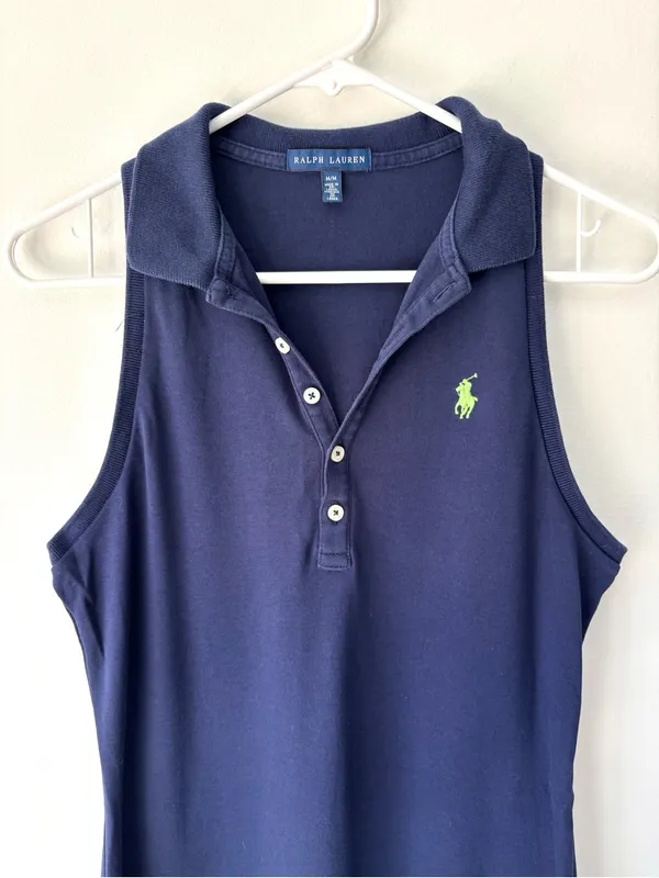 Ralph Lauren Sleeveless Polo Mini Dress Navy Blue Green Embroidered Pony Preppy - Image 2