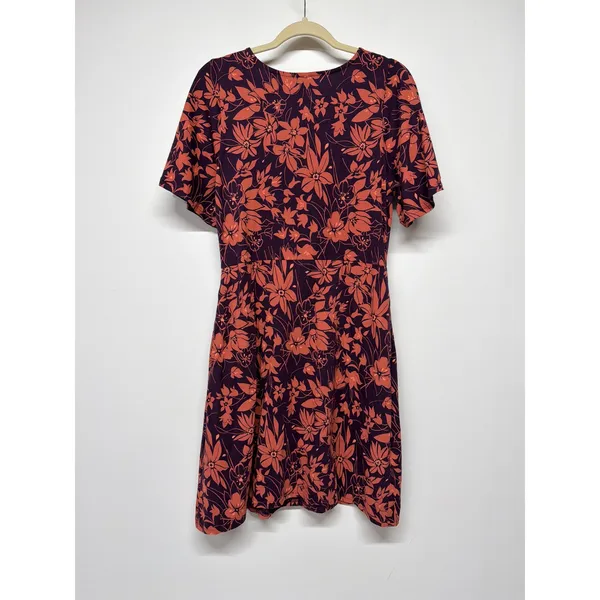 PACT Easy Fit & Flare Dress Plum Botanical Organic Cotton Flutter Sleeve Small - Image 5